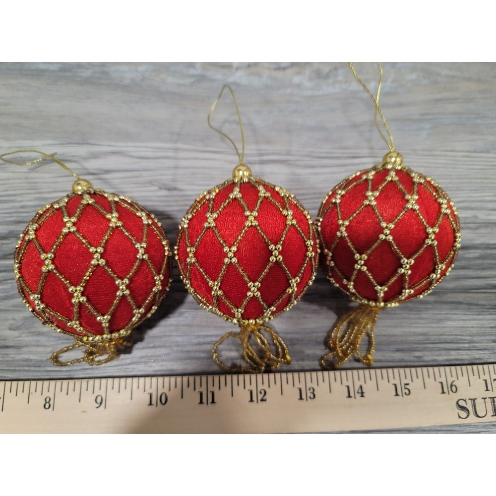 Red Velvet xmas ornaments hand made vintage with gold beads